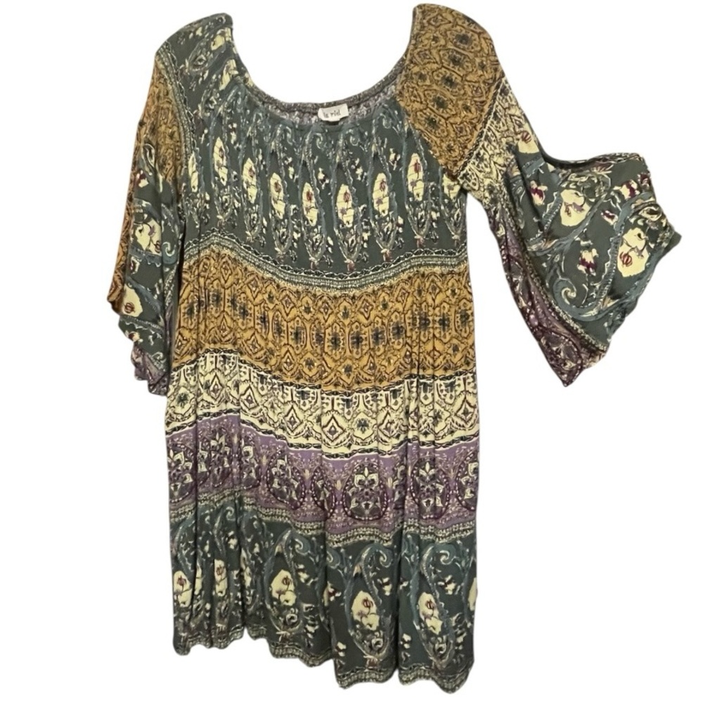 Plisse boho print bell sleeve gypsy peasant style mini dress shower festival szL